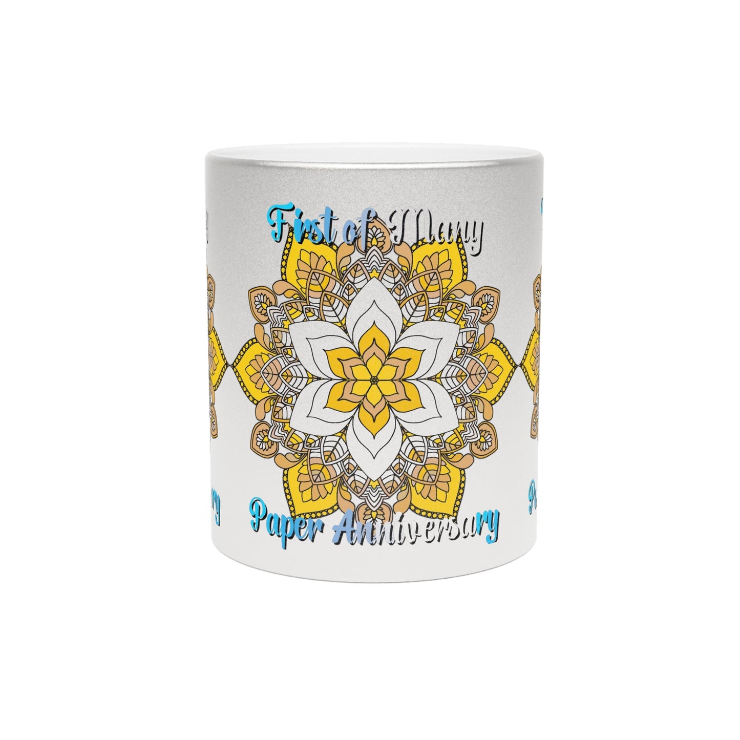 First Year Wedding Anniversary Gift - "First of Many, Paper Anniversary" Metallic Mug (Silver/Gold) - Blululi