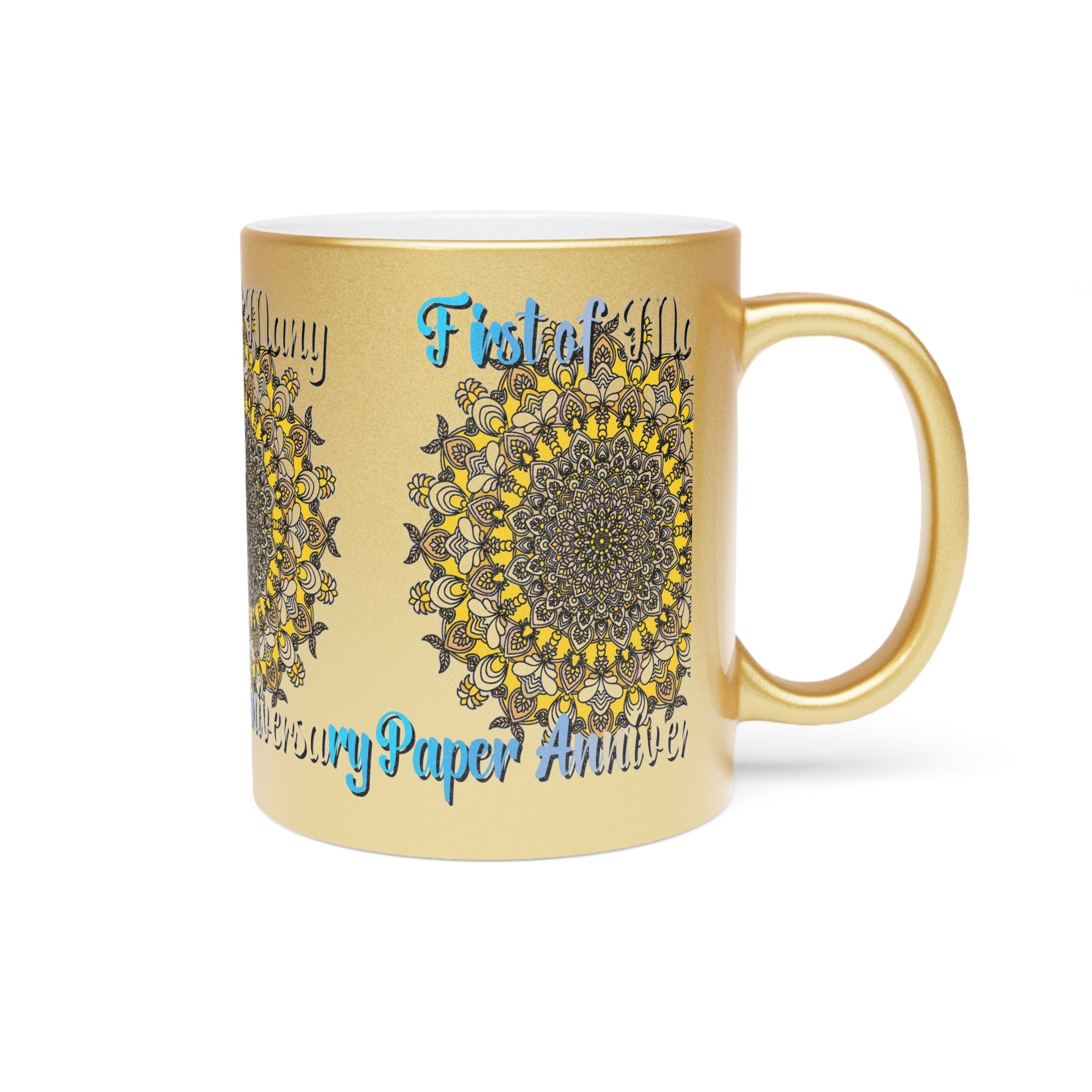 First Year Wedding Anniversary Gift - "First of Many, Paper Anniversary" Metallic Mug (Silver/Gold) - Blululi