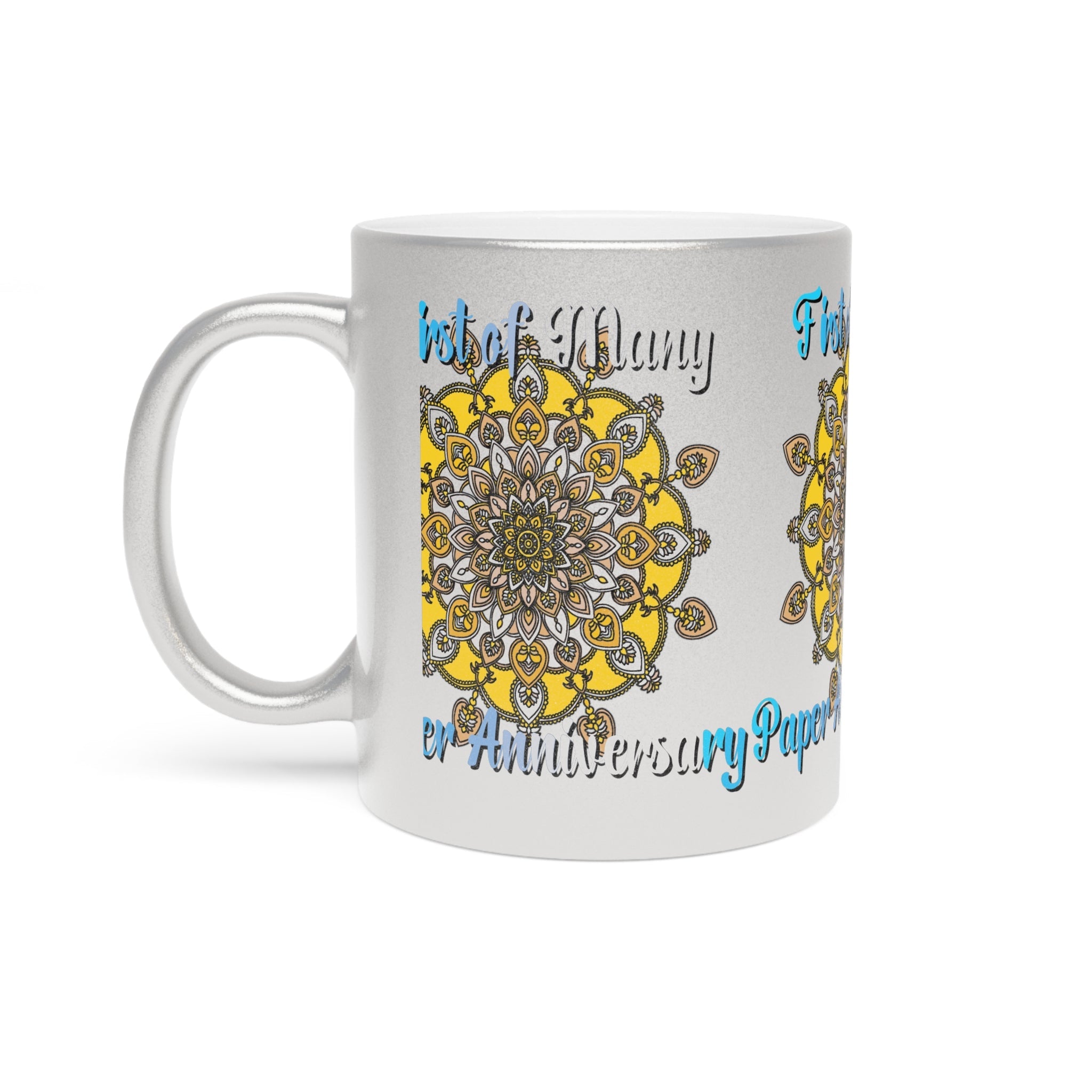 First Year Wedding Anniversary Gift - "First of Many, Paper Anniversary" Metallic Mug (Silver/Gold) - Blululi