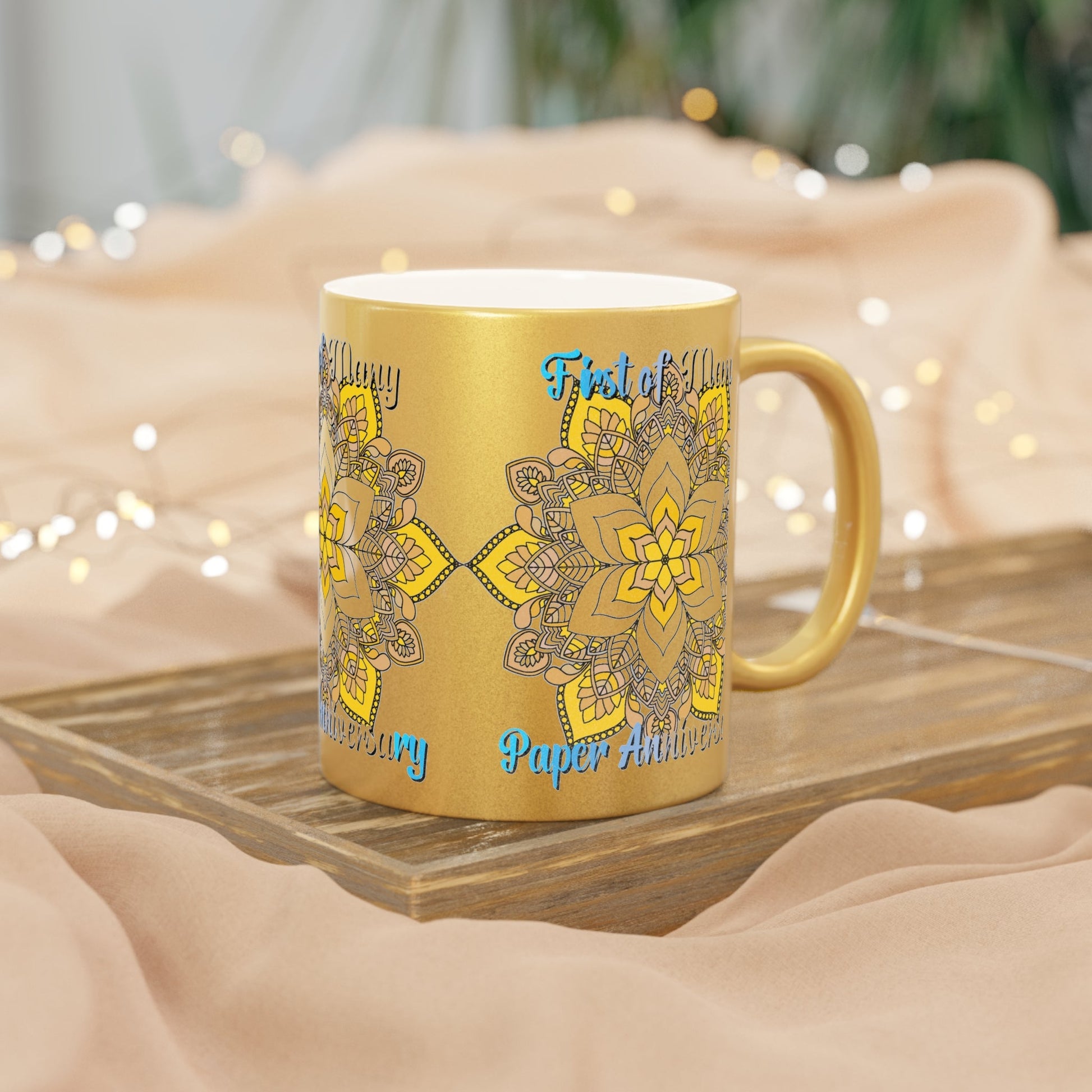 First Year Wedding Anniversary Gift - "First of Many, Paper Anniversary" Metallic Mug (Silver/Gold) - Blululi