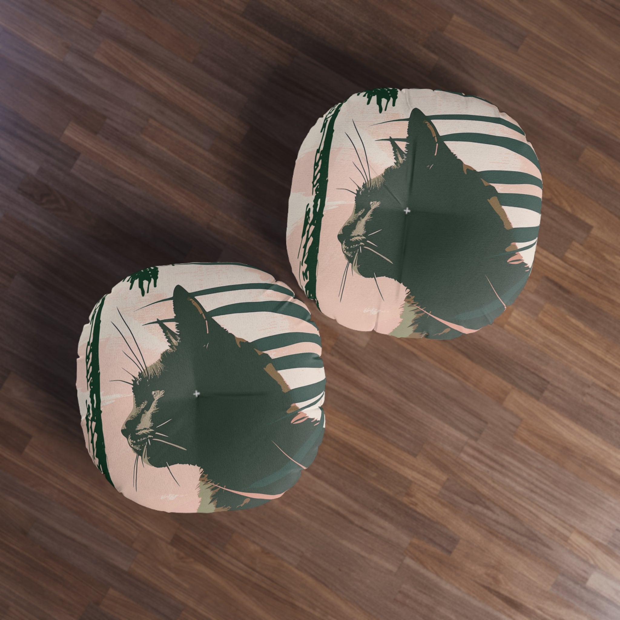 Floor Cushion Black Cat Art Under Palm Tree - Tufted Floor Pillow, Round - Blululi