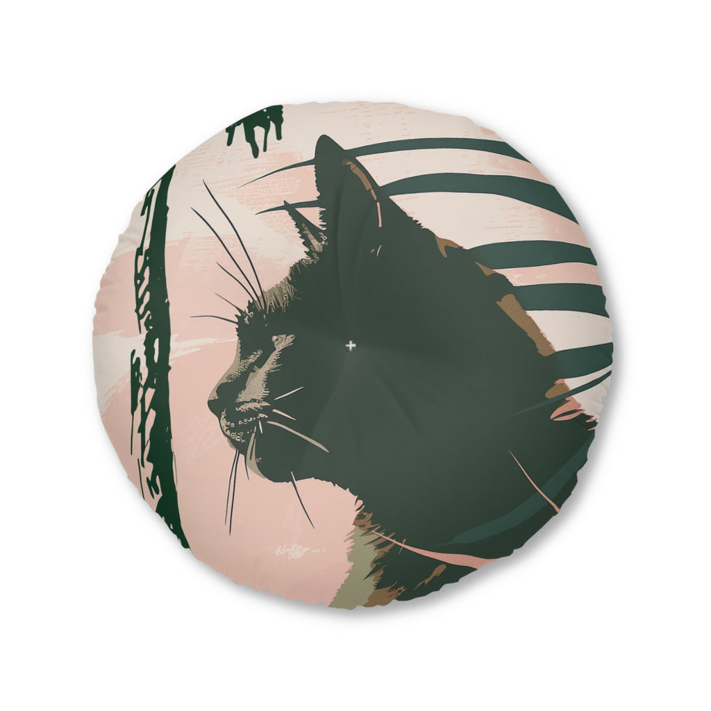 Floor Cushion Black Cat Art Under Palm Tree - Tufted Floor Pillow, Round - Blululi