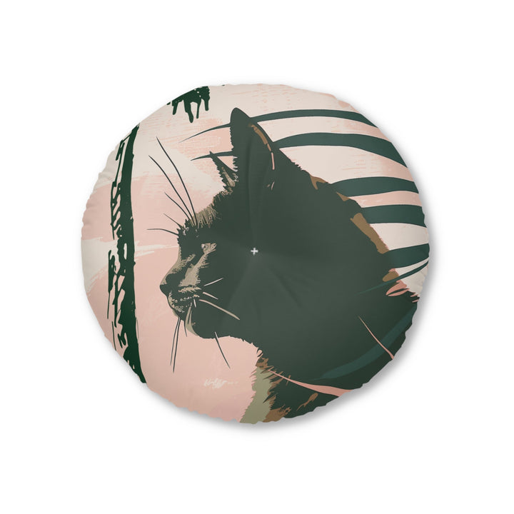 Floor Cushion Black Cat Art Under Palm Tree - Tufted Floor Pillow, Round - Blululi