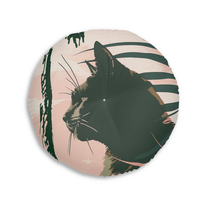 Floor Cushion Black Cat Art Under Palm Tree - Tufted Floor Pillow, Round - Blululi