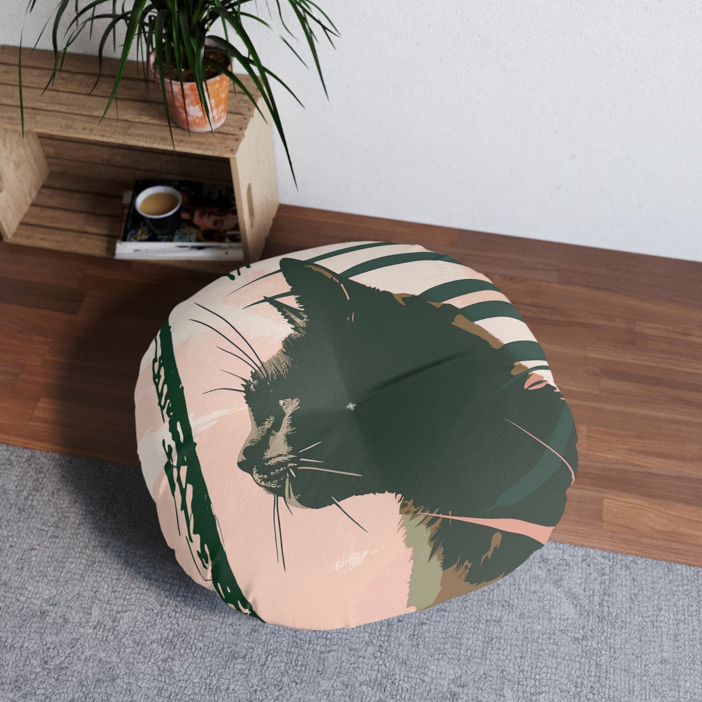 Floor Cushion Black Cat Art Under Palm Tree - Tufted Floor Pillow, Round - Blululi