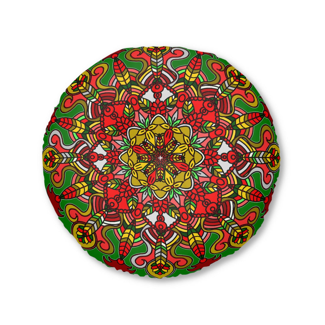 Floor Cushion Christmas Mandala Art - Hand - Drawn Tufted Round Pillow - Original Fine Art - Blululi