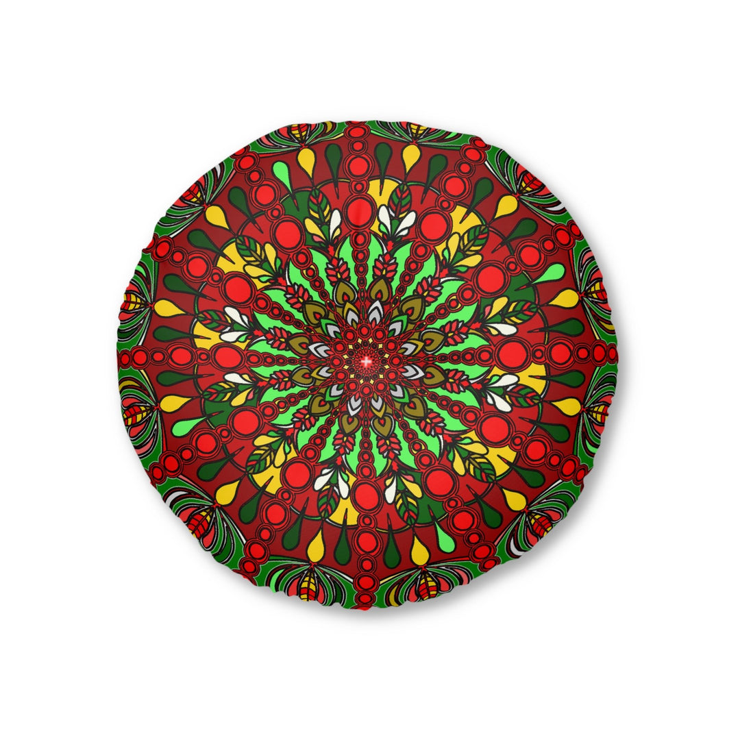 Floor Cushion Christmas Mandala Art - Hand - Drawn Tufted Round Pillow - Original Fine Art - Blululi