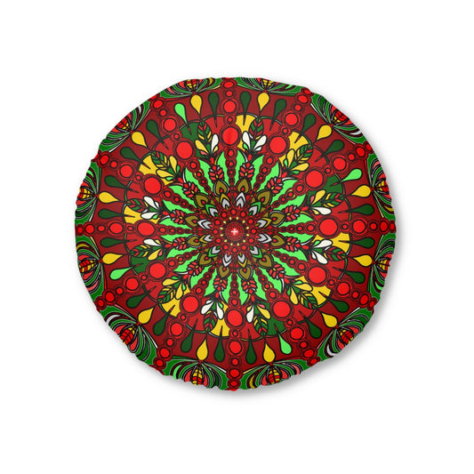 Floor Cushion Christmas Mandala Art - Hand - Drawn Tufted Round Pillow - Original Fine Art - Blululi