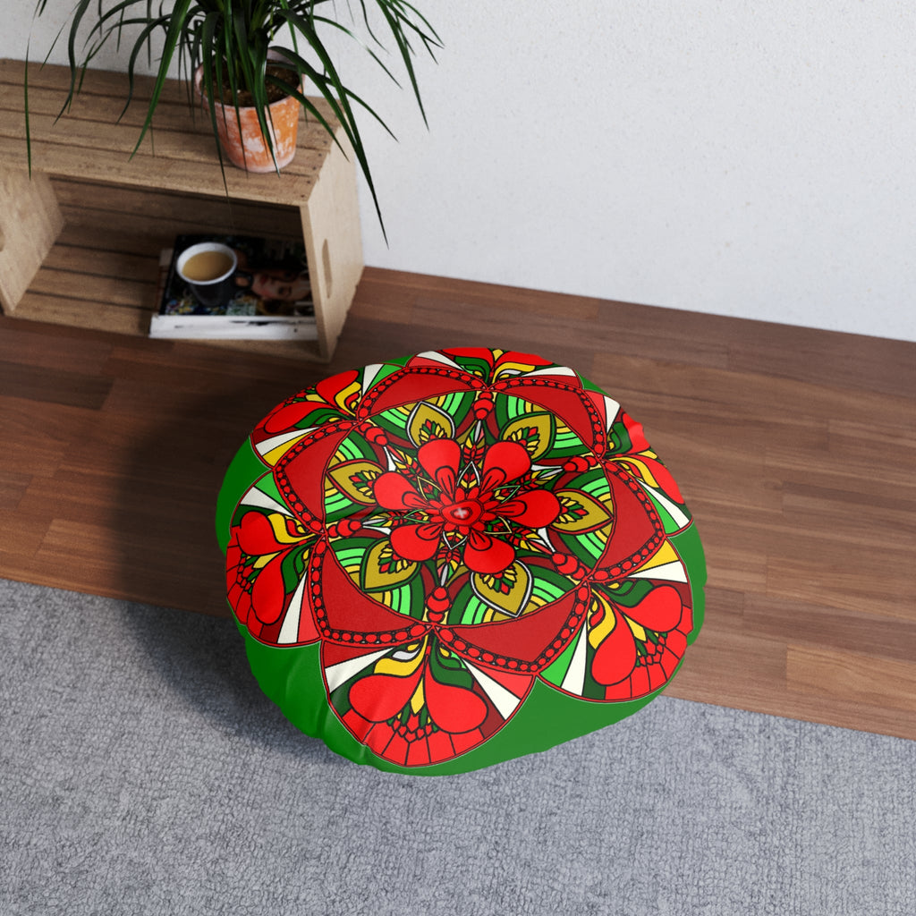 Floor Cushion Christmas Mandala Art - Hand - Drawn Tufted Round Pillow - Original Fine Art - Blululi