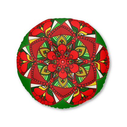 Floor Cushion Christmas Mandala Art - Hand - Drawn Tufted Round Pillow - Original Fine Art - Blululi