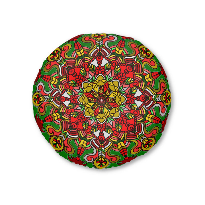 Floor Cushion Christmas Mandala Art - Hand - Drawn Tufted Round Pillow - Original Fine Art - Blululi