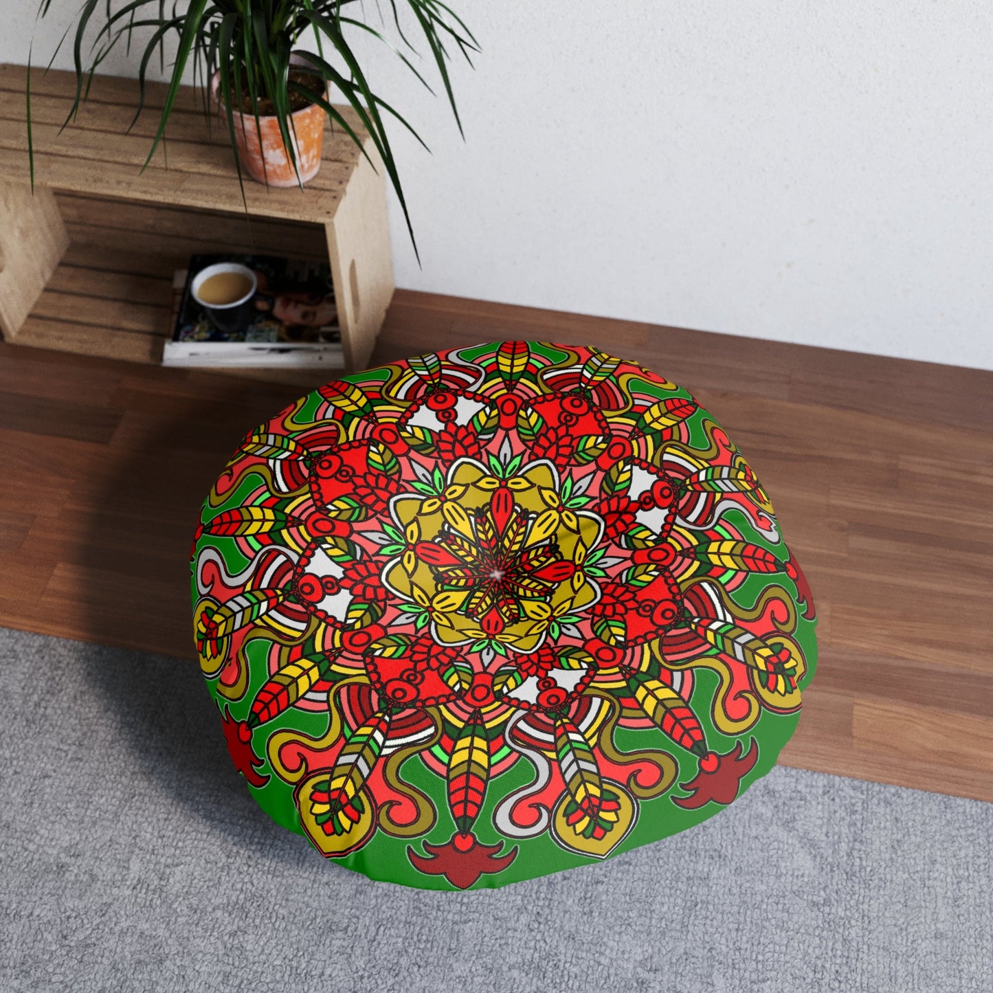 Floor Cushion Christmas Mandala Art - Hand - Drawn Tufted Round Pillow - Original Fine Art - Blululi