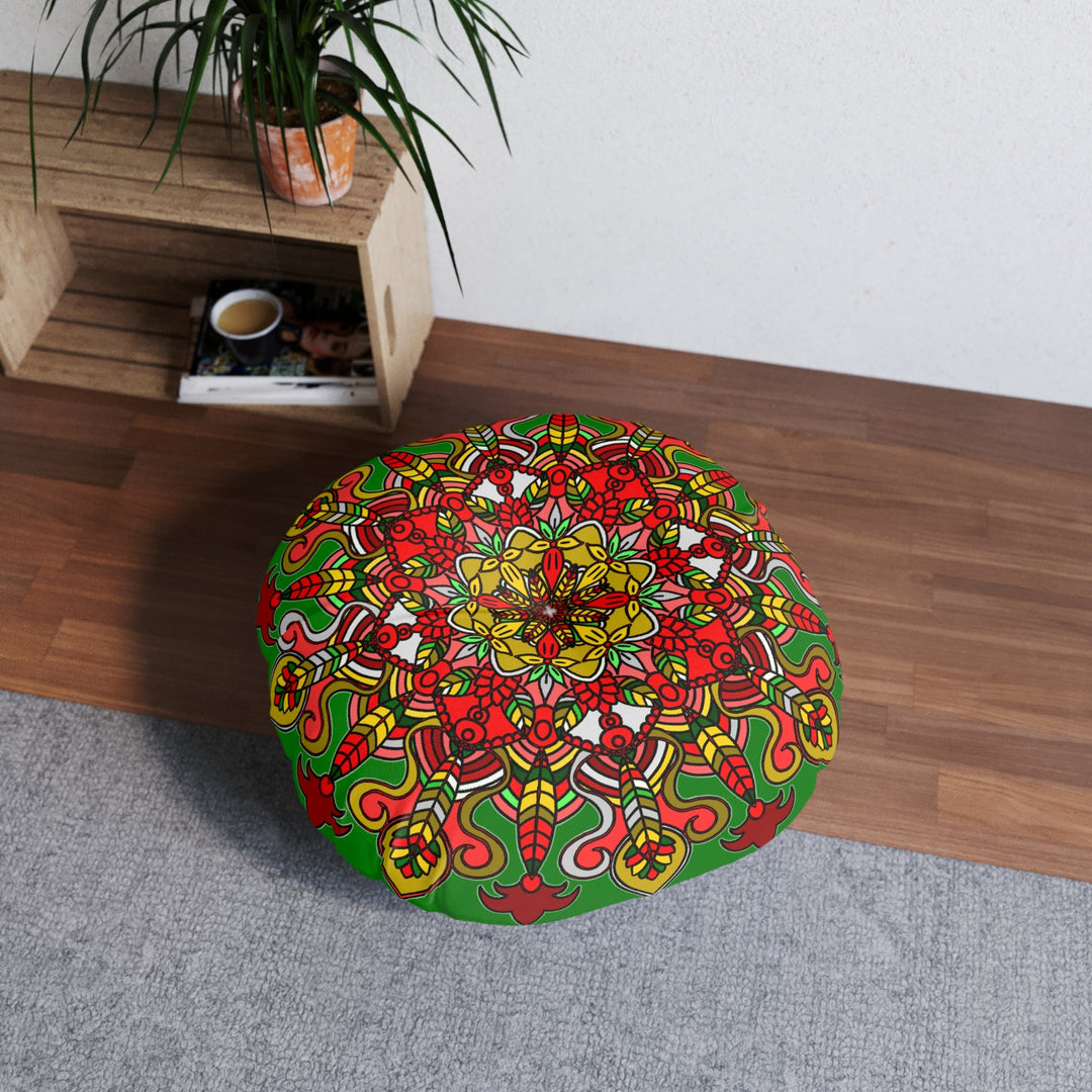 Floor Cushion Christmas Mandala Art - Hand - Drawn Tufted Round Pillow - Original Fine Art - Blululi