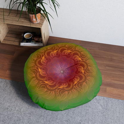 Floor Cushion Handmade Mandala Art - Rainbow Flower Mandala on Black background - Drawn by Hand - Tufted Floor Pillow, Round - Blululi