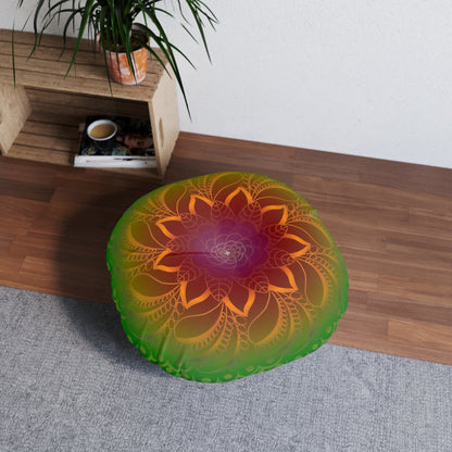 Floor Cushion Handmade Mandala Art - Rainbow Flower Mandala on Black background - Drawn by Hand - Tufted Floor Pillow, Round - Blululi