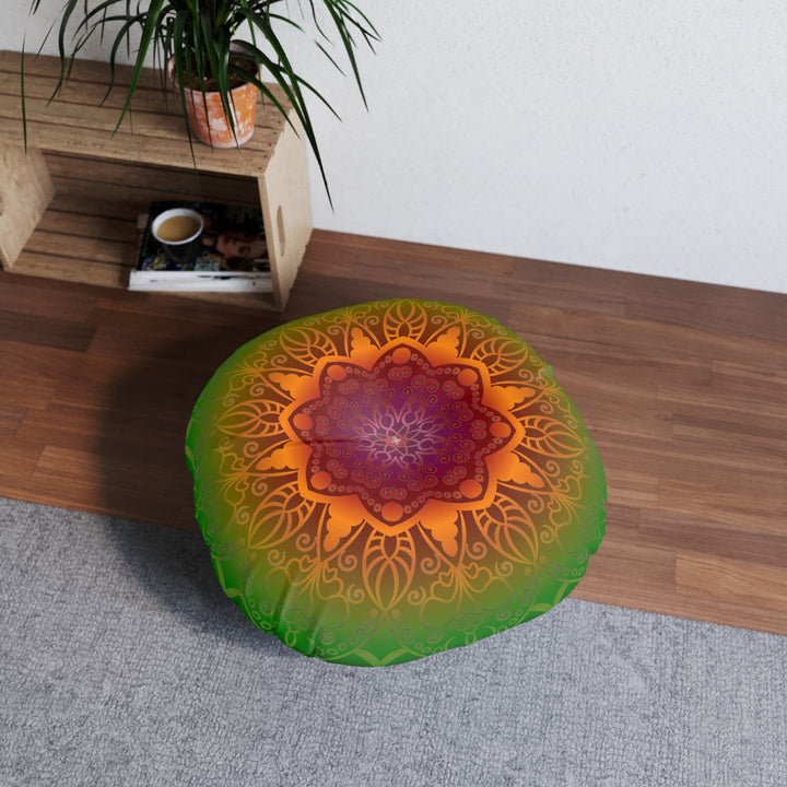 Floor Cushion Handmade Mandala Art - Rainbow Flower Mandala on Black background - Drawn by Hand - Tufted Floor Pillow, Round - Blululi