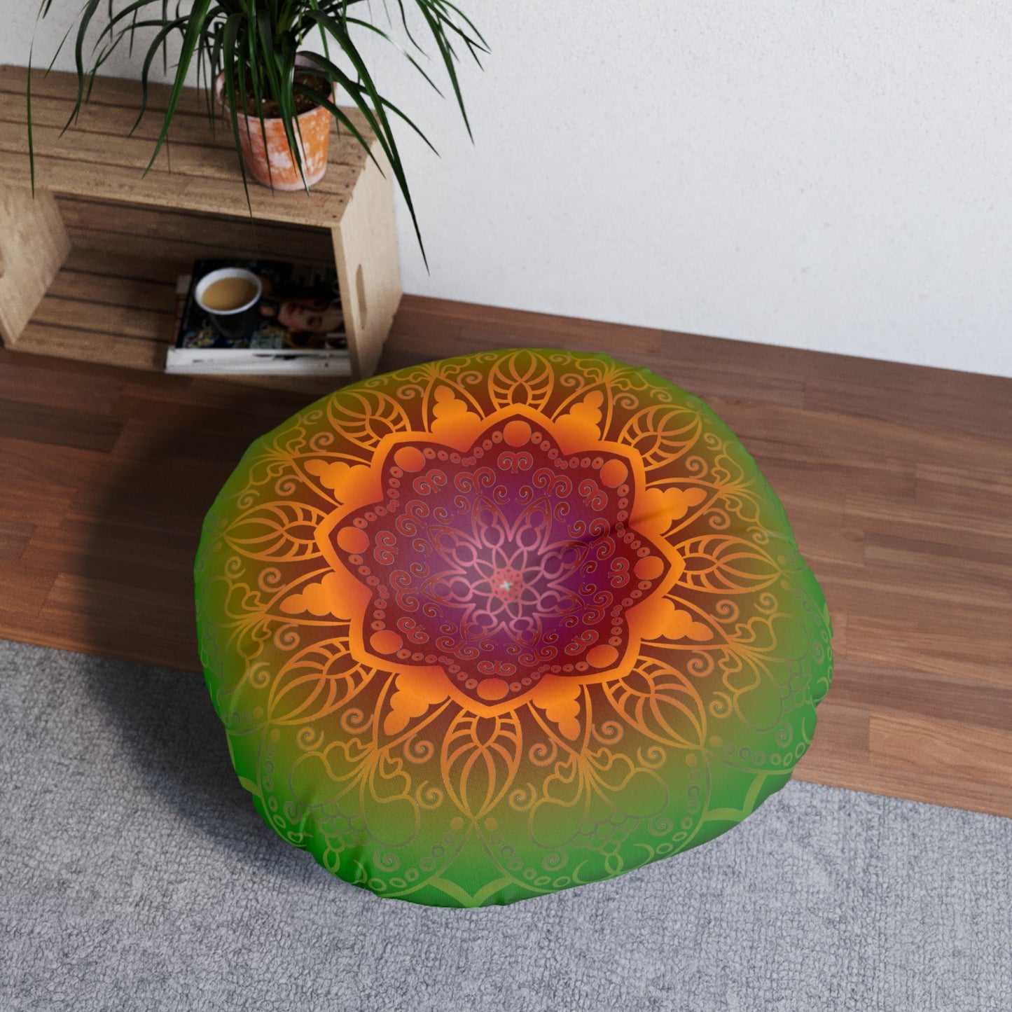 Floor Cushion Handmade Mandala Art - Rainbow Flower Mandala on Black background - Drawn by Hand - Tufted Floor Pillow, Round - Blululi