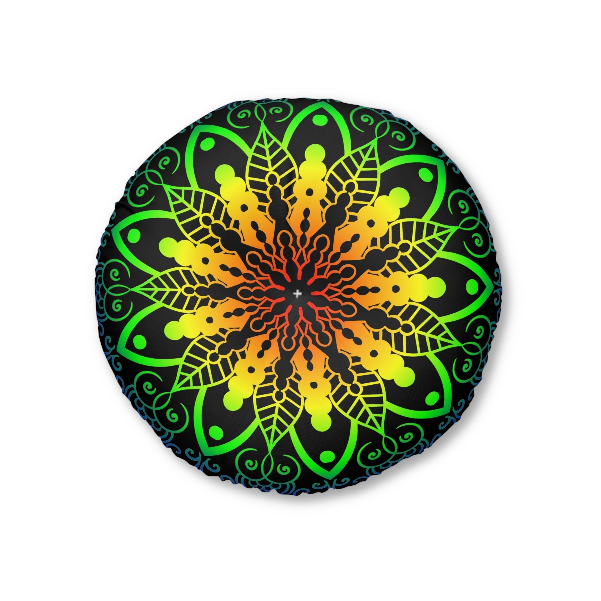 Floor Cushion Handmade Mandala Art - Rainbow on Black background - Drawn by Hand - Tufted Floor Pillow, Round - Blululi