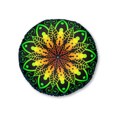 Floor Cushion Handmade Mandala Art - Rainbow on Black background - Drawn by Hand - Tufted Floor Pillow, Round - Blululi