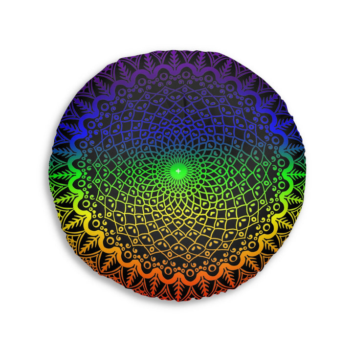 Floor Cushion Handmade Mandala Art - Rainbow on Black background - Drawn by Hand - Tufted Floor Pillow, Round - Blululi