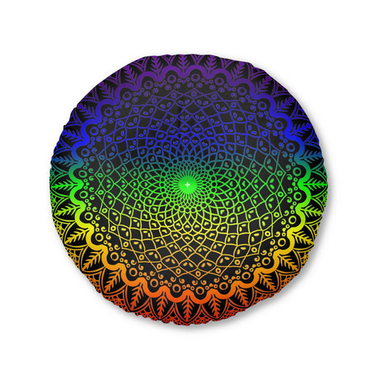 Floor Cushion Handmade Mandala Art - Rainbow on Black background - Drawn by Hand - Tufted Floor Pillow, Round - Blululi