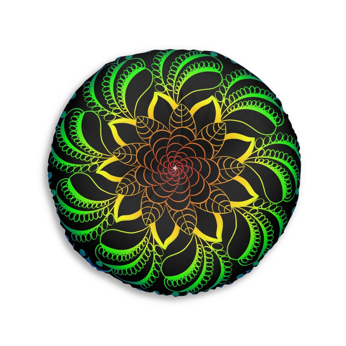 Floor Cushion Handmade Mandala Art - Rainbow on Black background - Drawn by Hand - Tufted Floor Pillow, Round - Blululi