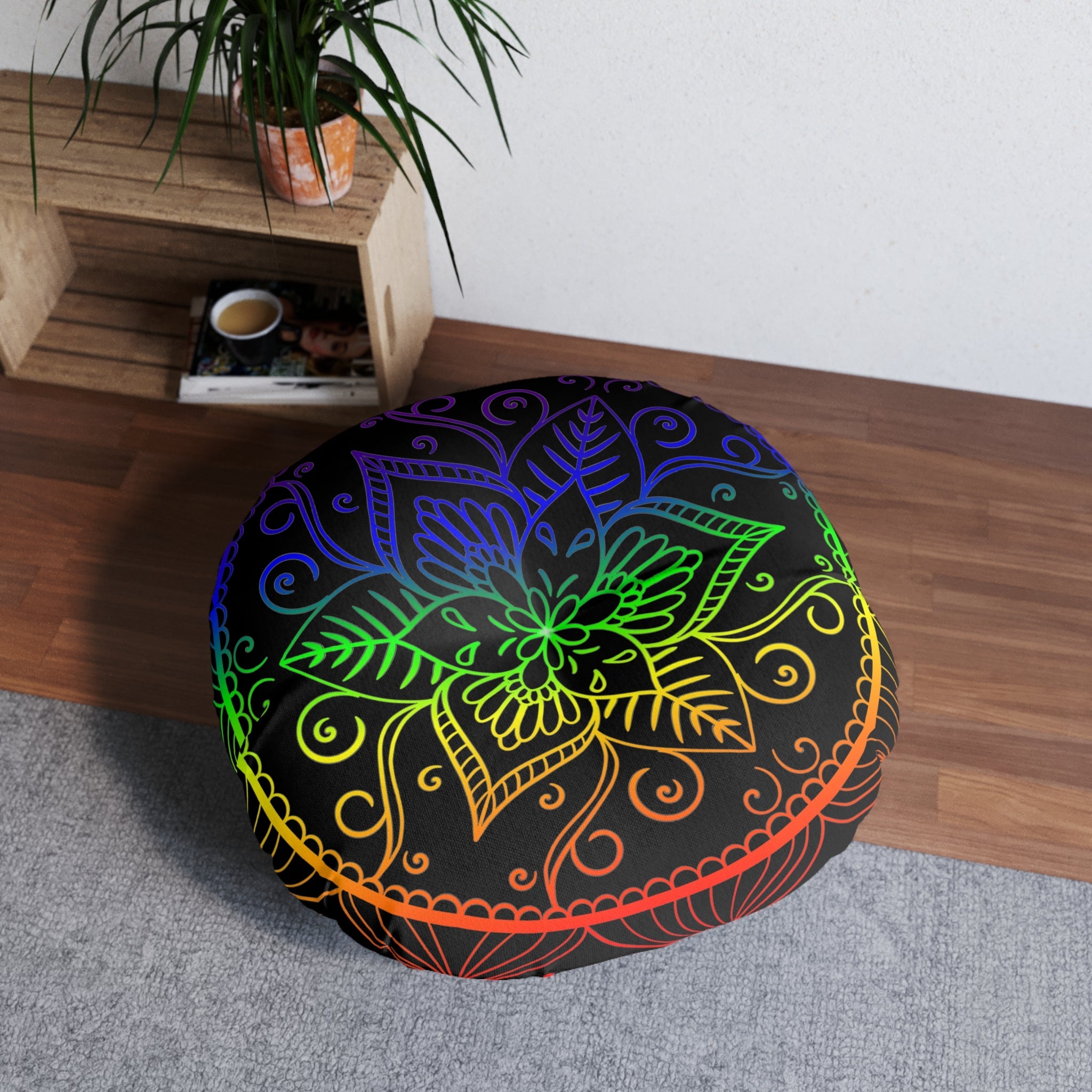 Floor Cushion Handmade Mandala Art - Rainbow on Black background - Drawn by Hand - Tufted Floor Pillow, Round - Blululi