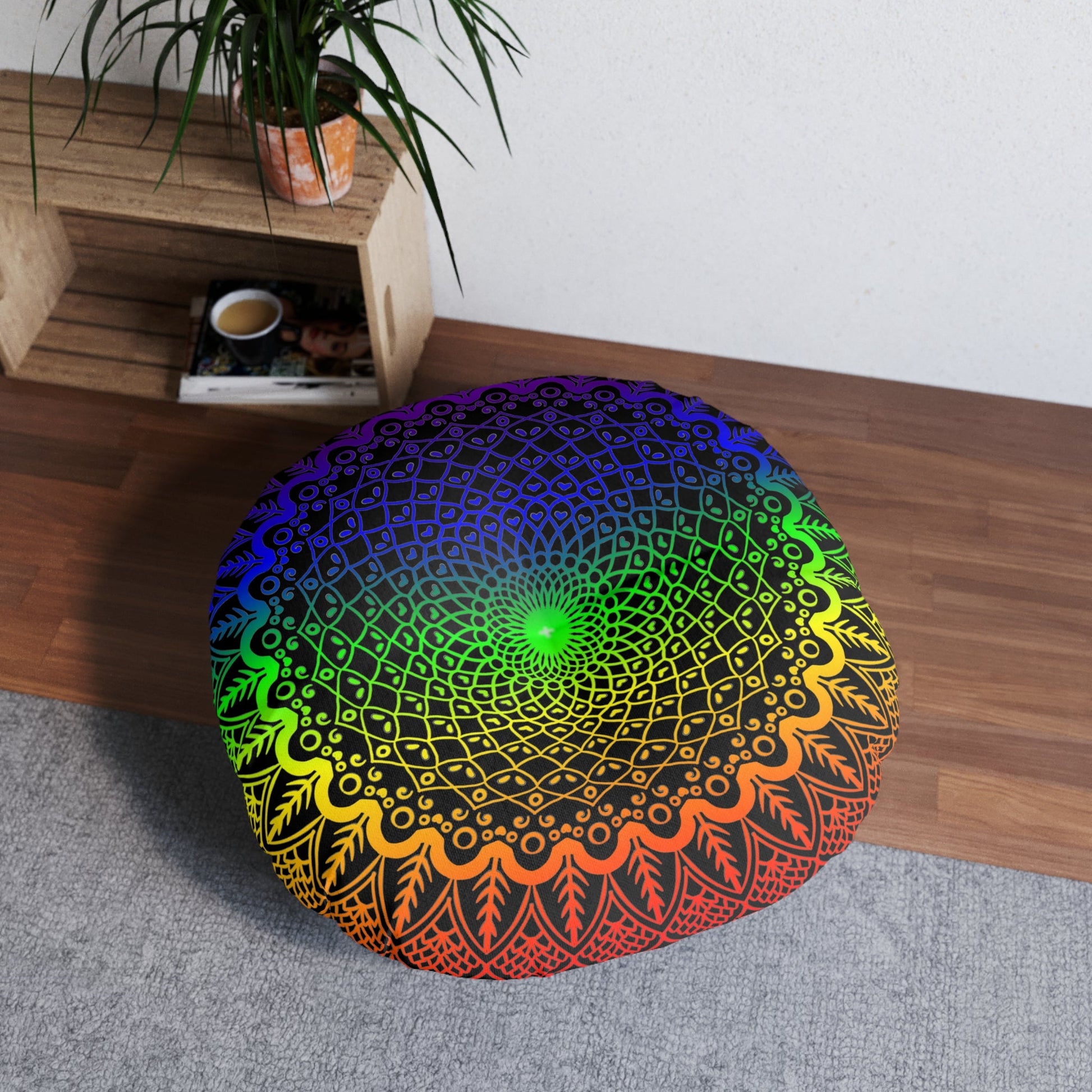 Floor Cushion Handmade Mandala Art - Rainbow on Black background - Drawn by Hand - Tufted Floor Pillow, Round - Blululi