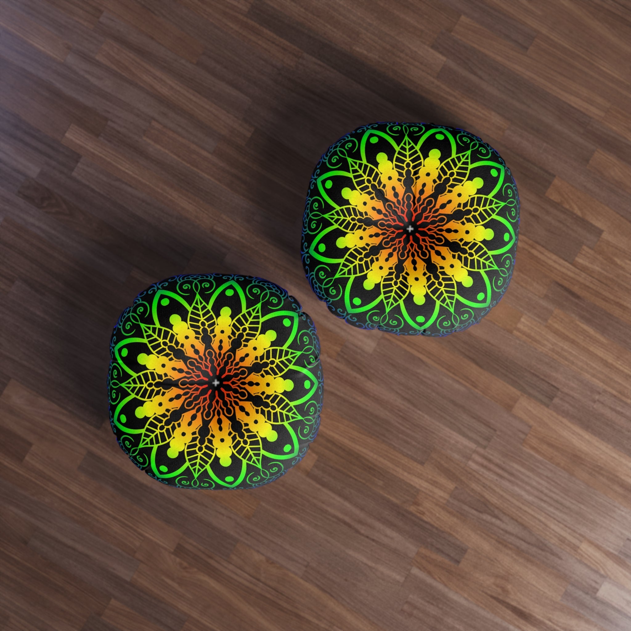 Floor Cushion Handmade Mandala Art - Rainbow on Black background - Drawn by Hand - Tufted Floor Pillow, Round - Blululi