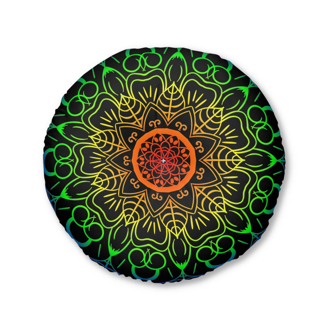 Floor Cushion Handmade Mandala Art - Rainbow on Black background - Drawn by Hand - Tufted Floor Pillow, Round - Blululi