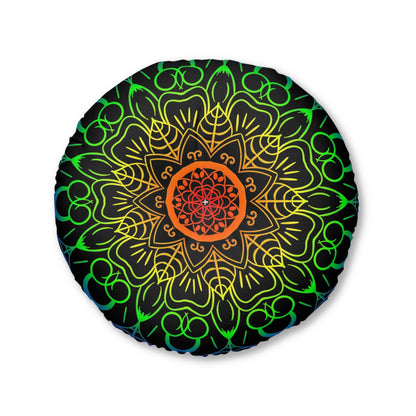 Floor Cushion Handmade Mandala Art - Rainbow on Black background - Drawn by Hand - Tufted Floor Pillow, Round - Blululi