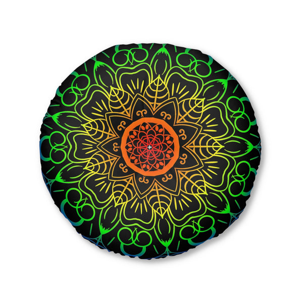 Floor Cushion Handmade Mandala Art - Rainbow on Black background - Drawn by Hand - Tufted Floor Pillow, Round - Blululi