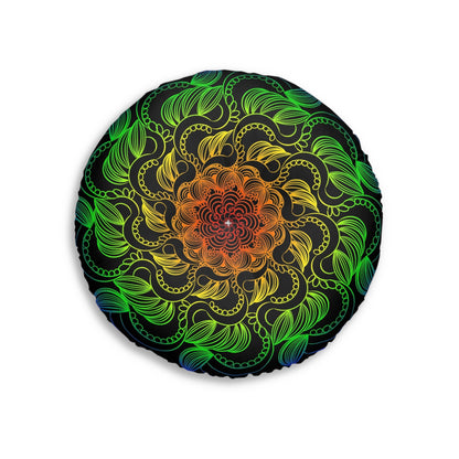 Floor Cushion Handmade Mandala Art - Rainbow on Black background - Drawn by Hand - Tufted Floor Pillow, Round - Blululi