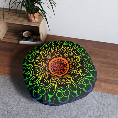 Floor Cushion Handmade Mandala Art - Rainbow on Black background - Drawn by Hand - Tufted Floor Pillow, Round - Blululi