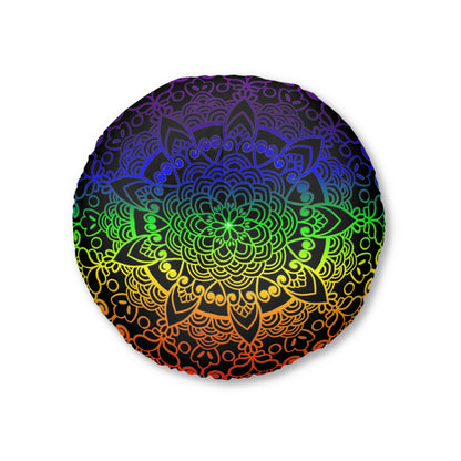 Floor Cushion Handmade Mandala Art - Rainbow on Black background - Drawn by Hand - Tufted Floor Pillow, Round - Blululi