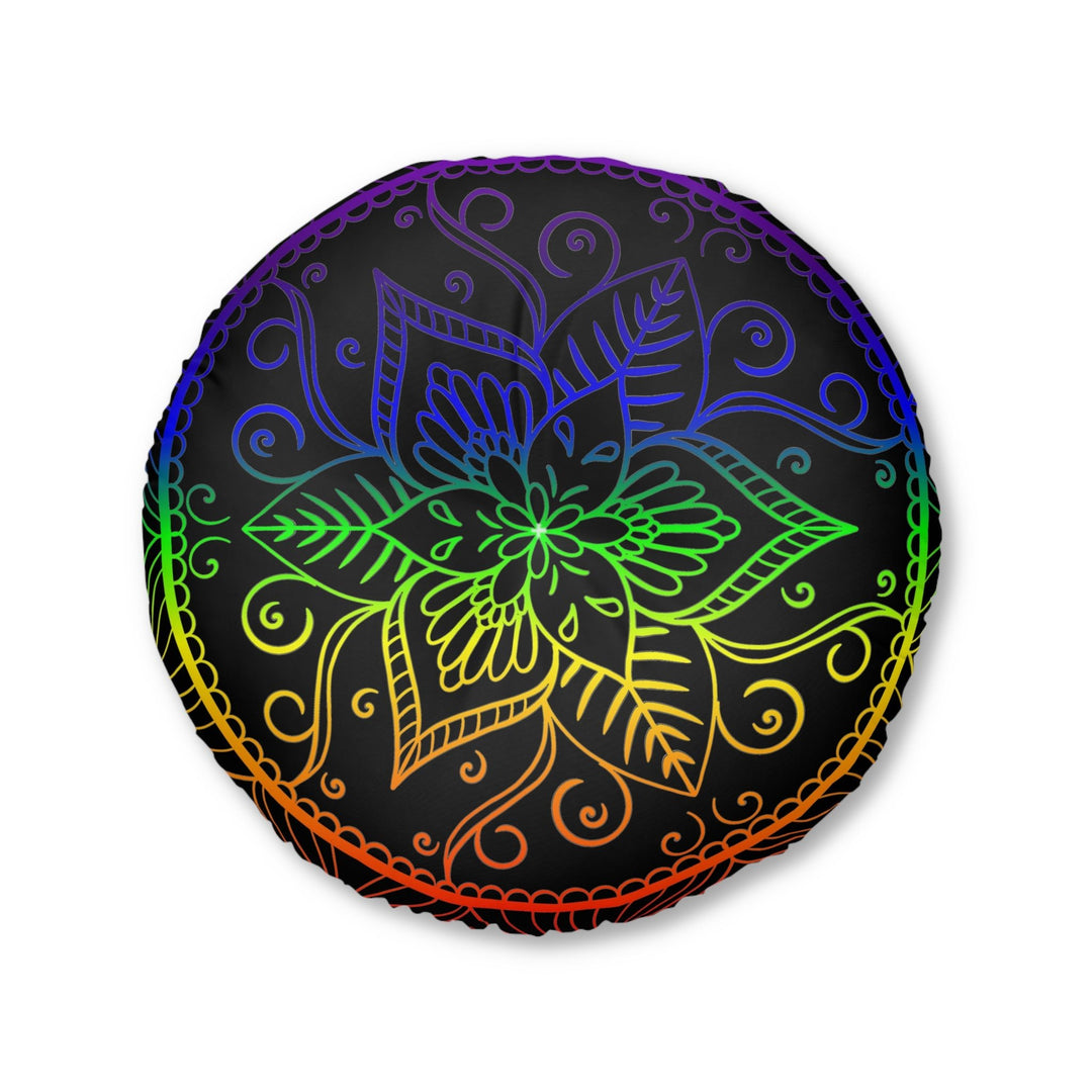 Floor Cushion Handmade Mandala Art - Rainbow on Black background - Drawn by Hand - Tufted Floor Pillow, Round - Blululi