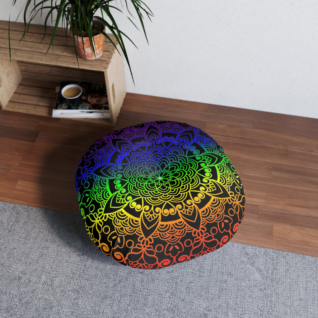 Floor Cushion Handmade Mandala Art - Rainbow on Black background - Drawn by Hand - Tufted Floor Pillow, Round - Blululi