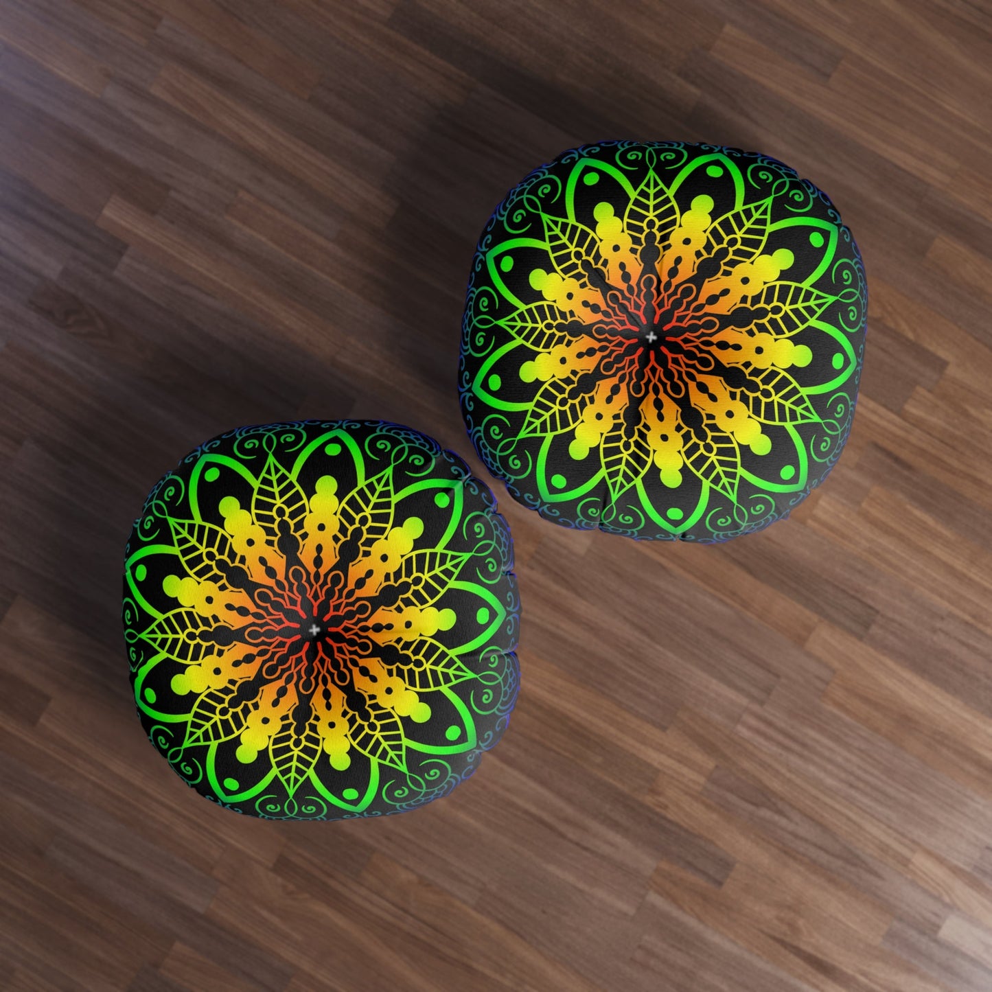 Floor Cushion Handmade Mandala Art - Rainbow on Black background - Drawn by Hand - Tufted Floor Pillow, Round - Blululi