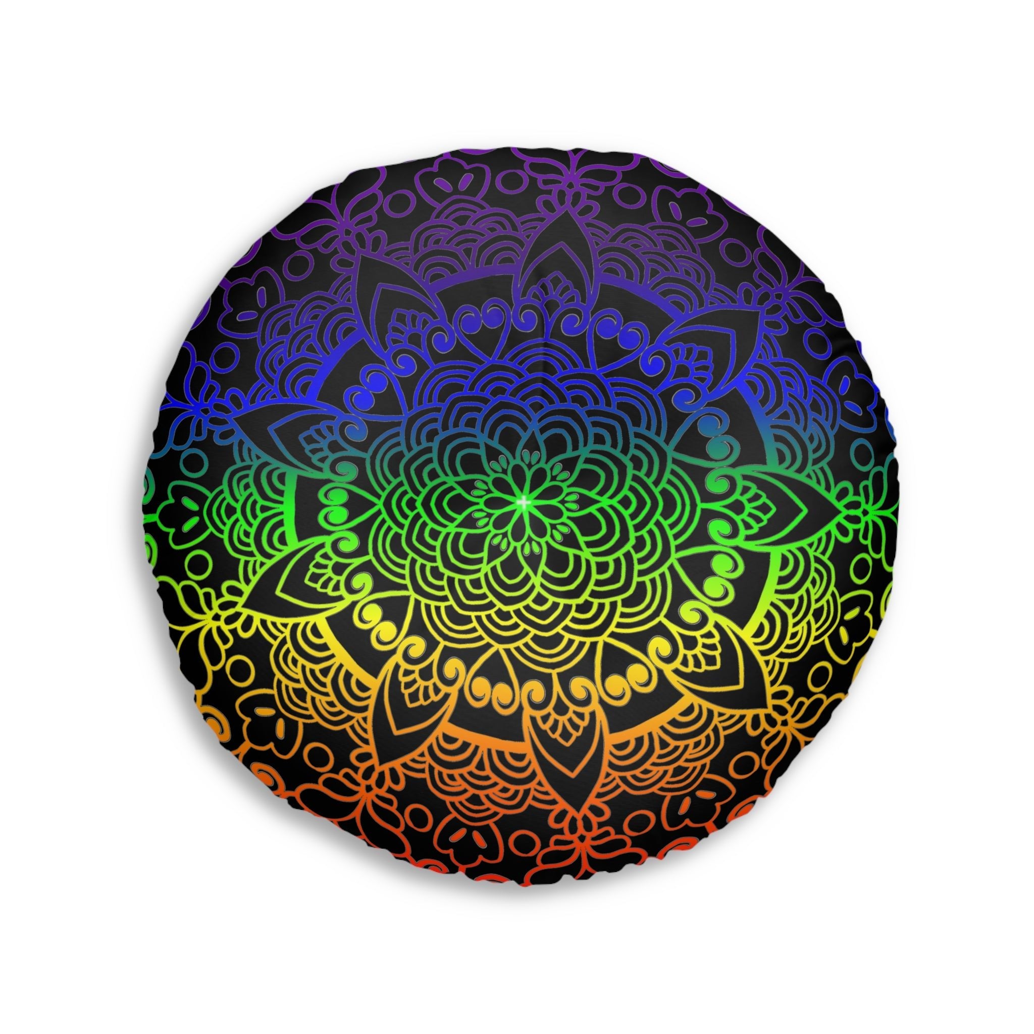Floor Cushion Handmade Mandala Art - Rainbow on Black background - Drawn by Hand - Tufted Floor Pillow, Round - Blululi