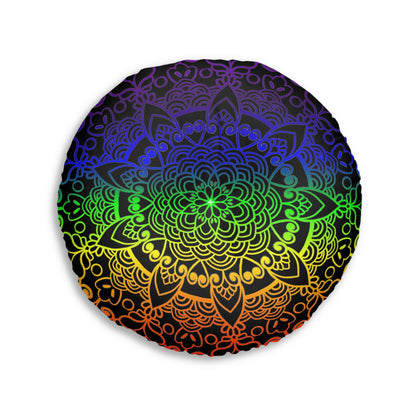 Floor Cushion Handmade Mandala Art - Rainbow on Black background - Drawn by Hand - Tufted Floor Pillow, Round - Blululi