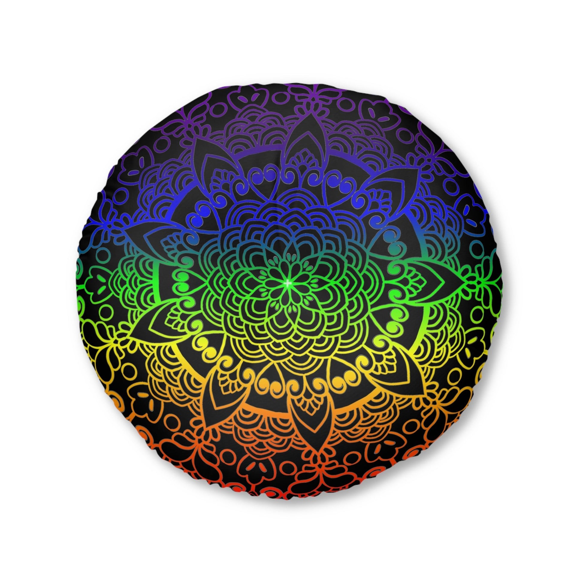 Floor Cushion Handmade Mandala Art - Rainbow on Black background - Drawn by Hand - Tufted Floor Pillow, Round - Blululi