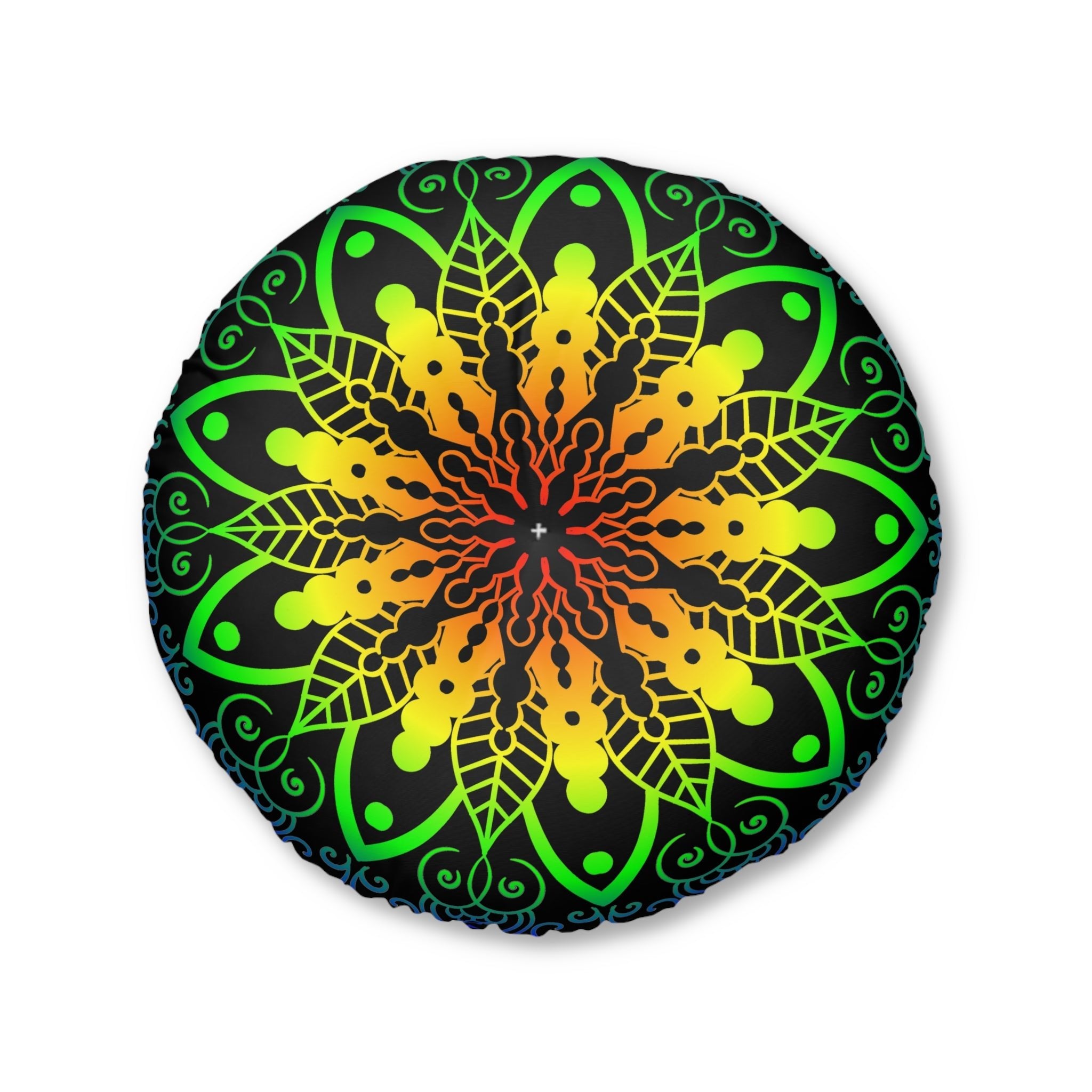 Floor Cushion Handmade Mandala Art - Rainbow on Black background - Drawn by Hand - Tufted Floor Pillow, Round - Blululi