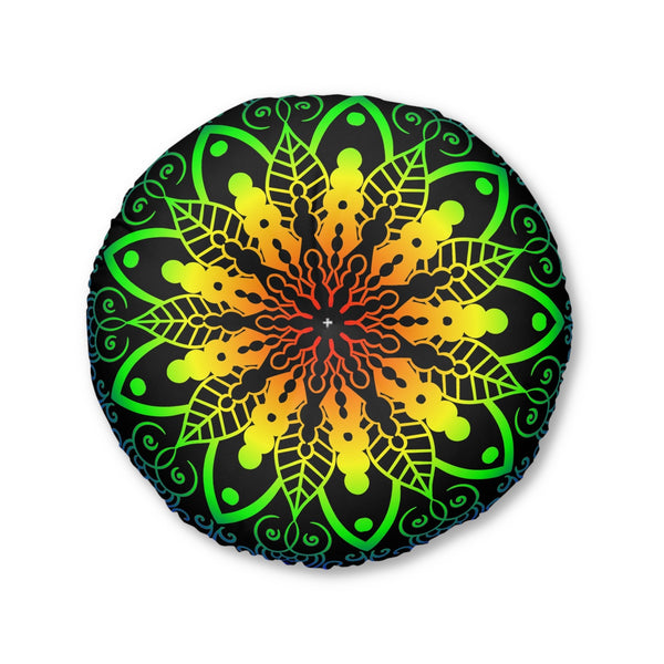 Floor Cushion Handmade Mandala Art - Rainbow on Black background - Drawn by Hand - Tufted Floor Pillow, Round - Blululi