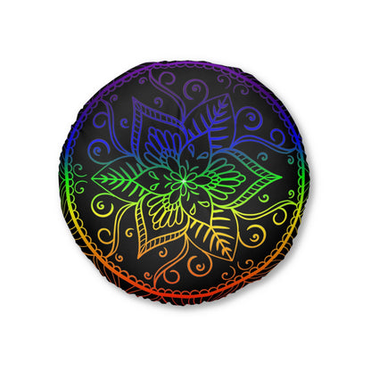 Floor Cushion Handmade Mandala Art - Rainbow on Black background - Drawn by Hand - Tufted Floor Pillow, Round - Blululi