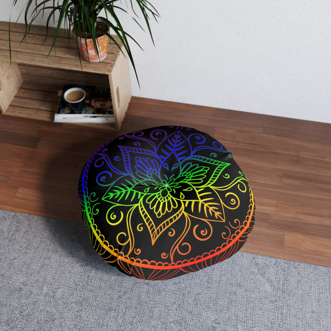 Floor Cushion Handmade Mandala Art - Rainbow on Black background - Drawn by Hand - Tufted Floor Pillow, Round - Blululi