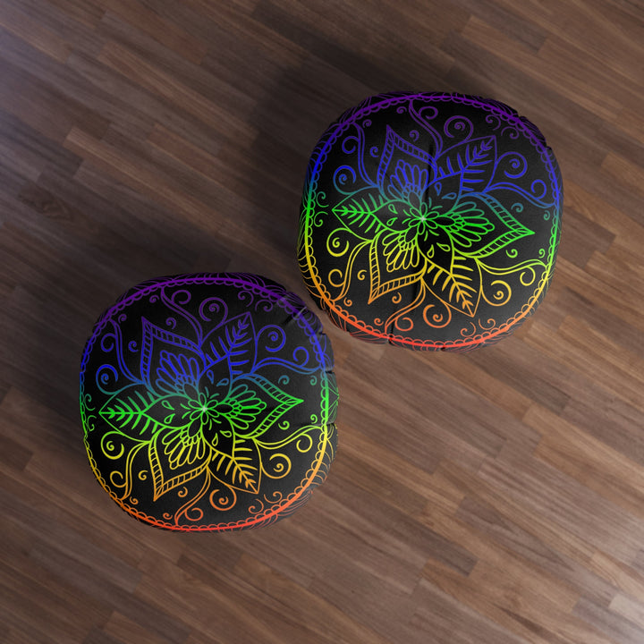 Floor Cushion Handmade Mandala Art - Rainbow on Black background - Drawn by Hand - Tufted Floor Pillow, Round - Blululi