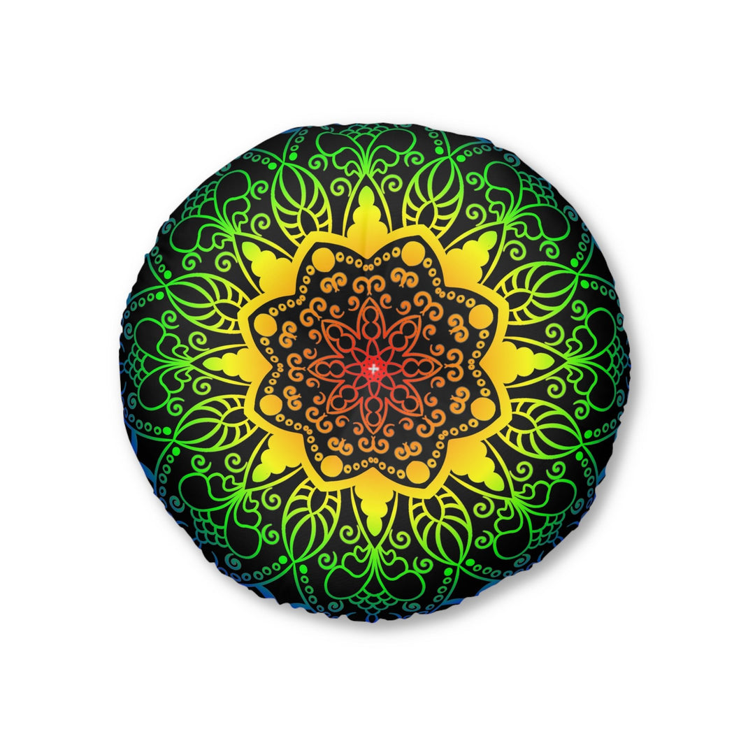 Floor Cushion Handmade Mandala Art - Rainbow on Black background - Drawn by Hand - Tufted Floor Pillow, Round - Blululi