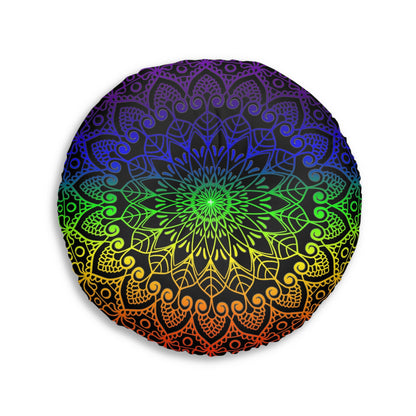 Floor Cushion Handmade Mandala Art - Rainbow on Black background - Drawn by Hand - Tufted Floor Pillow, Round - Blululi