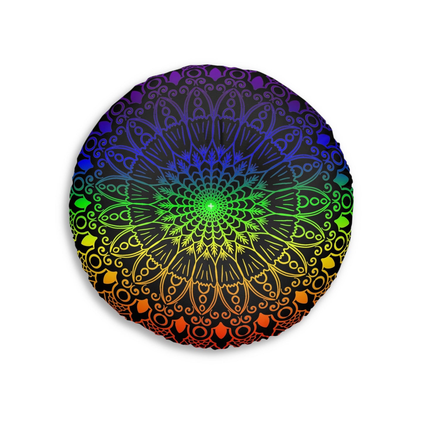 Floor Cushion Handmade Mandala Art - Rainbow on Black background - Drawn by Hand - Tufted Floor Pillow, Round - Blululi