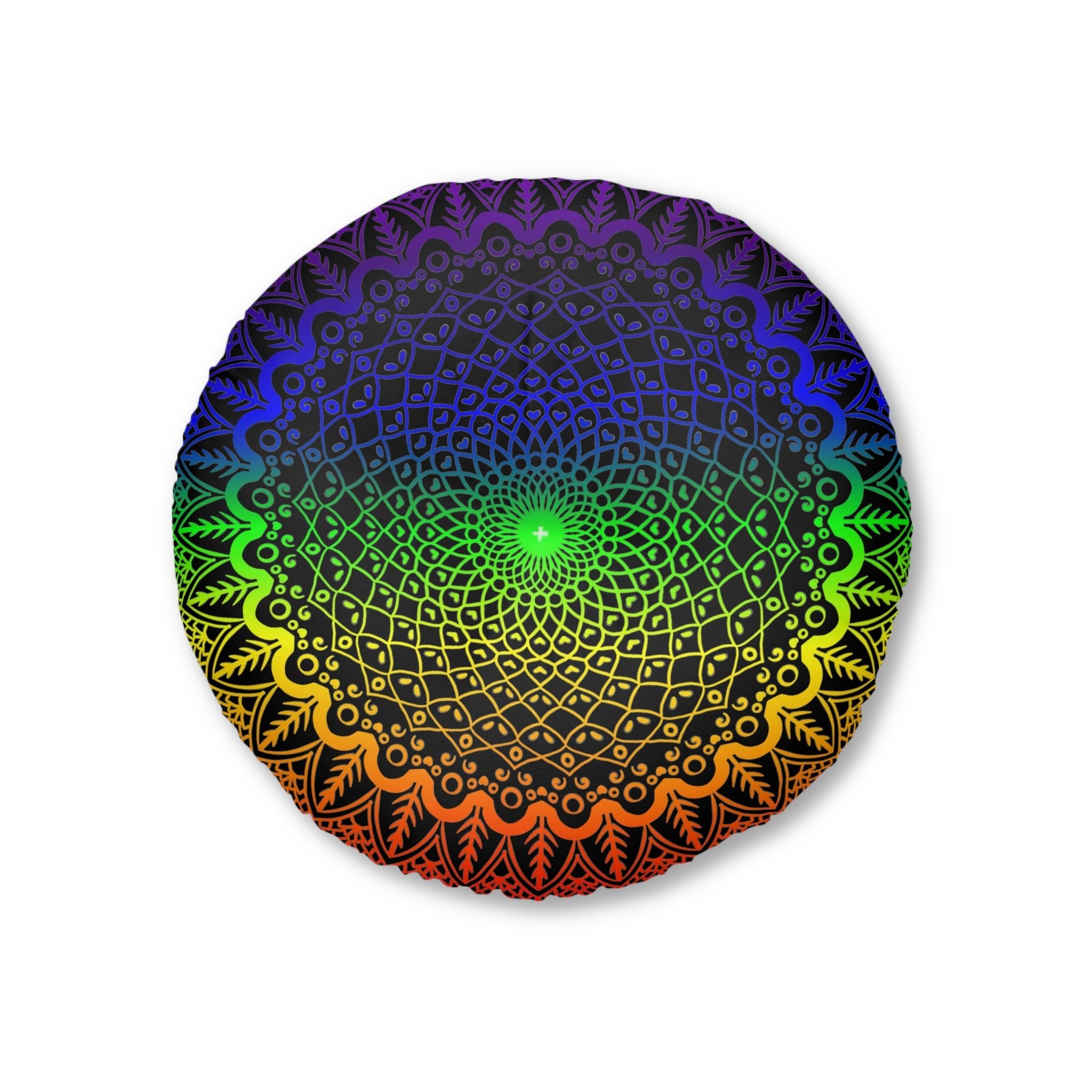 Floor Cushion Handmade Mandala Art - Rainbow on Black background - Drawn by Hand - Tufted Floor Pillow, Round - Blululi